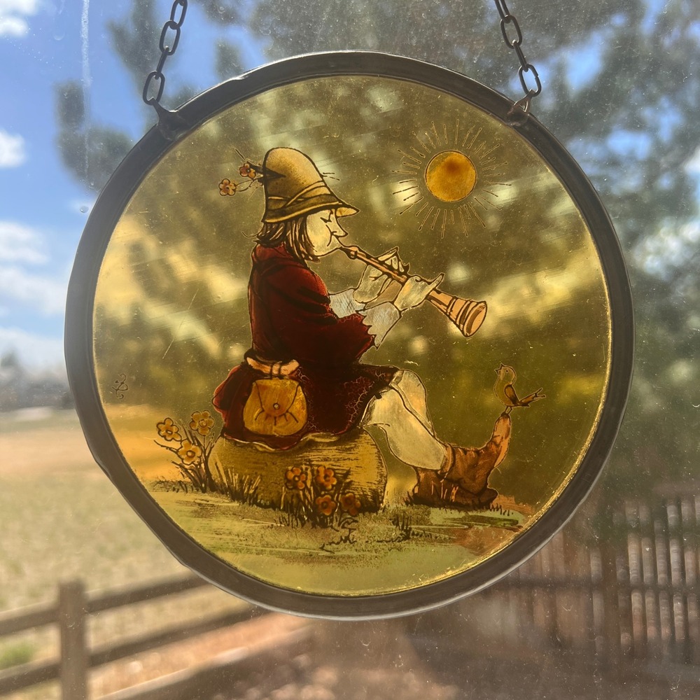 Vintage Hand Painted Stained Glass Suncatcher Piper Flute Bird Folk Art 6 Inch